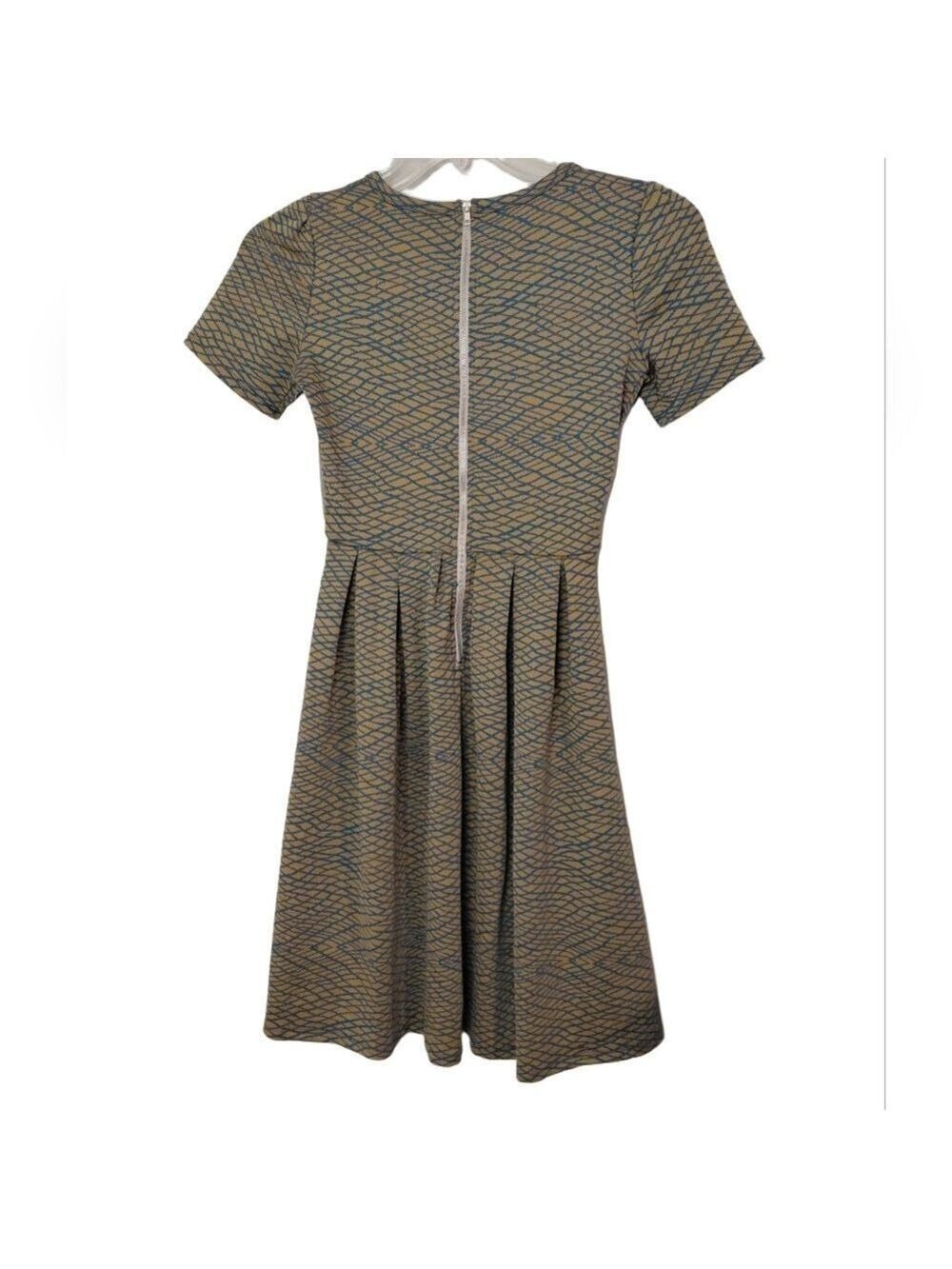 NWT Lularoe Amelia Fit Pleated Dress Blue & Tan Geometric Zip Back Size XS - Picture 3 of 5